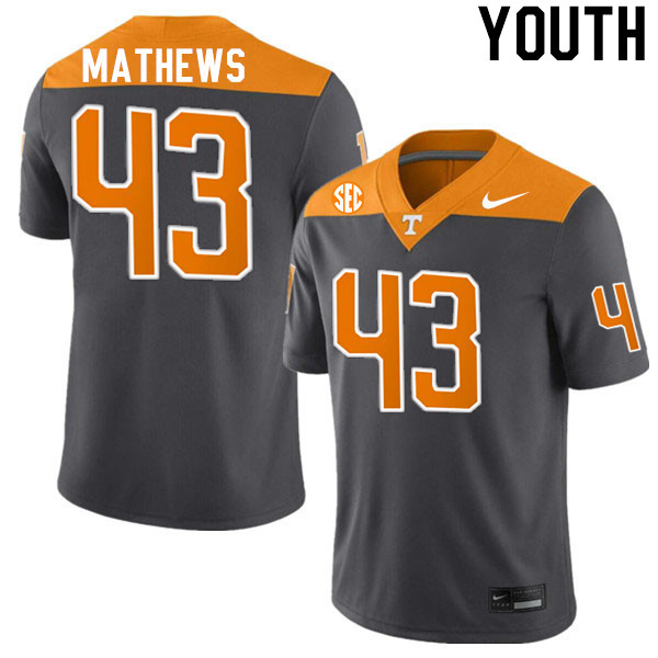 Youth #43 Jackson Mathews Tennessee Volunteers College Football Jerseys Stitched-Anthracite